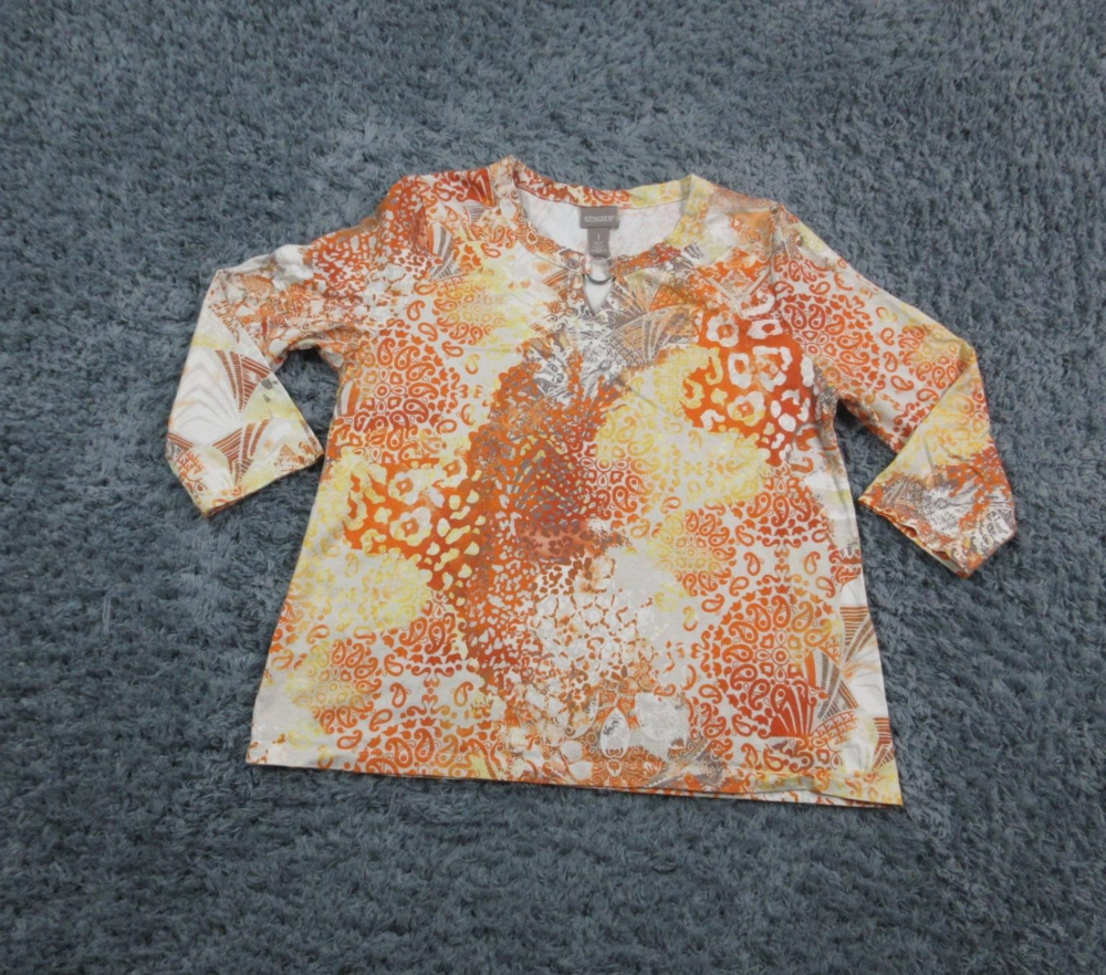 Chicos Shirt Womens Size 1 Medium Orange Yellow Paisley Print Keyhole Top Boho